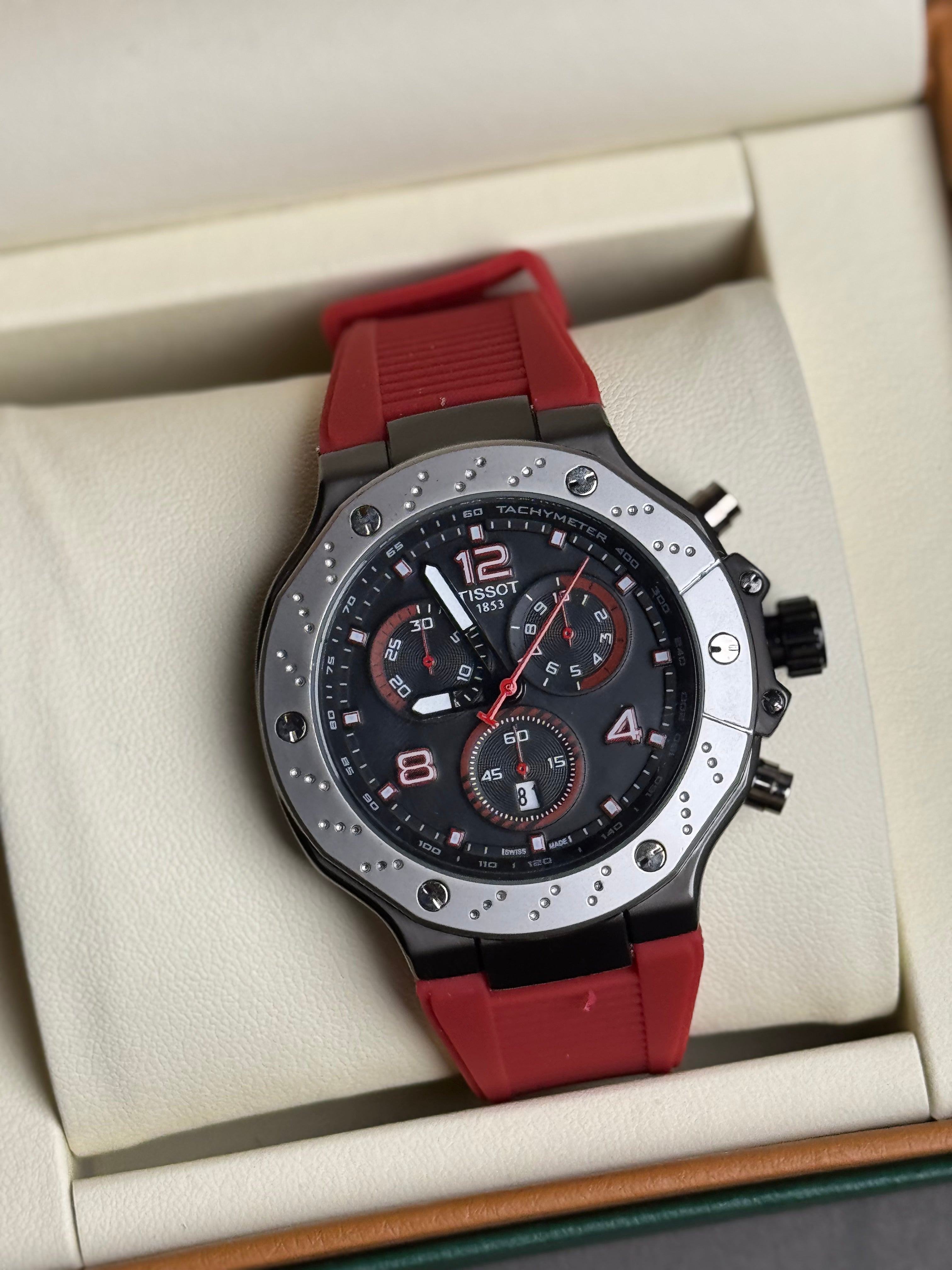 Tissot PRX with Red Strap and Grayish Dial