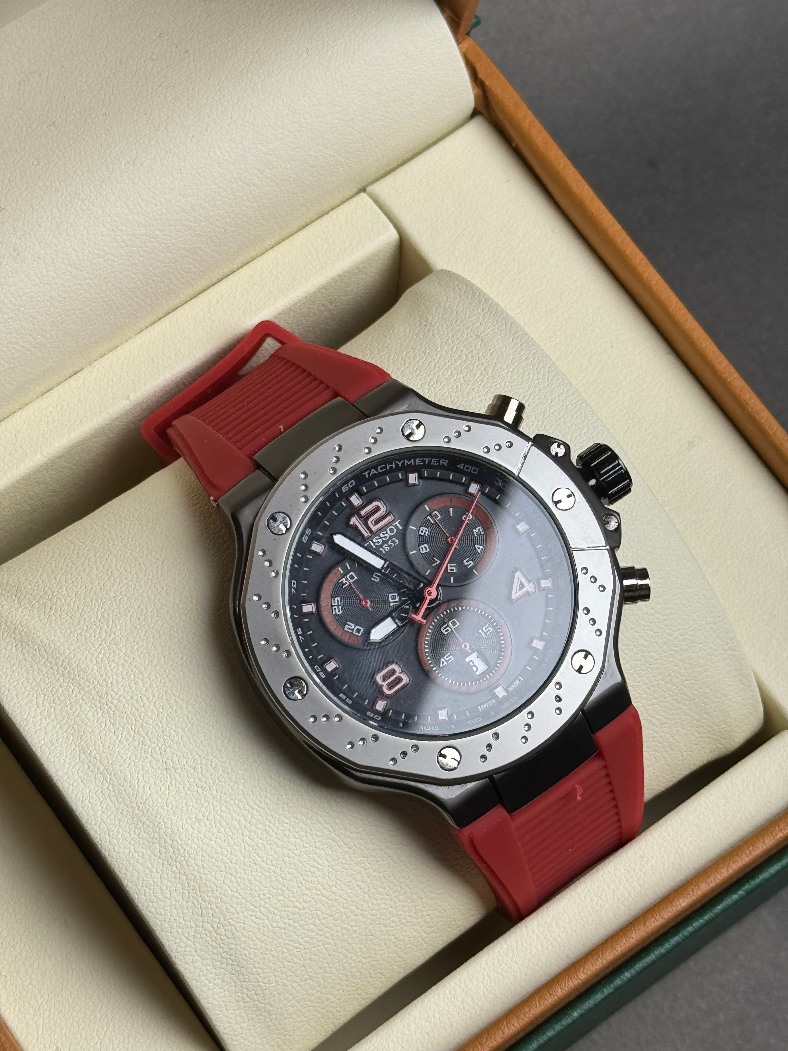 Tissot PRX with Red Strap and Grayish Dial