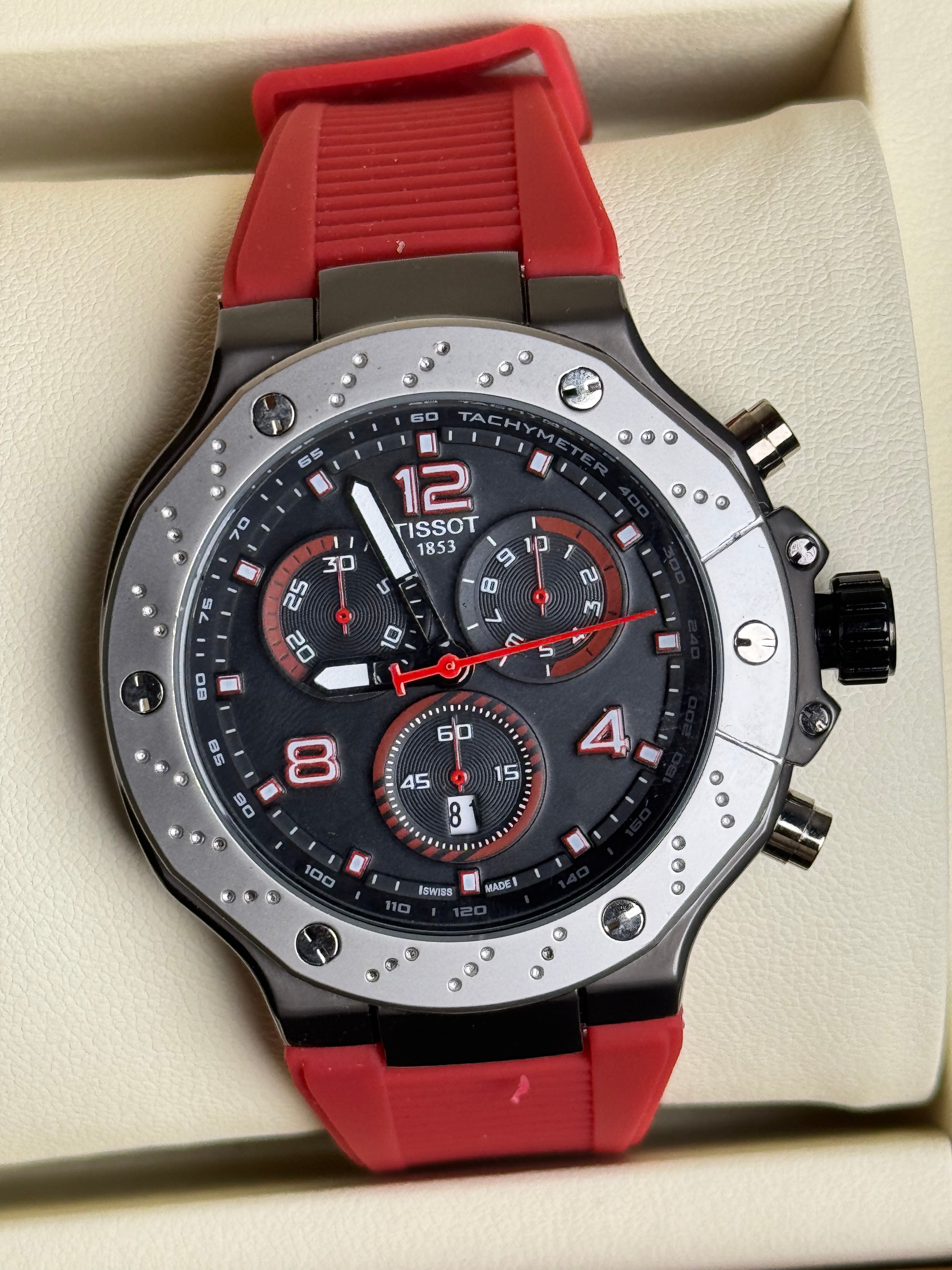 Tissot PRX with Red Strap and Grayish Dial